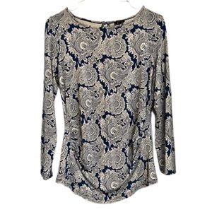 TALBOTS PETITES WOMENS PAISLEY BLUE CREAM LONG SLEEVE STRETCHY BLOUSE SIZE M